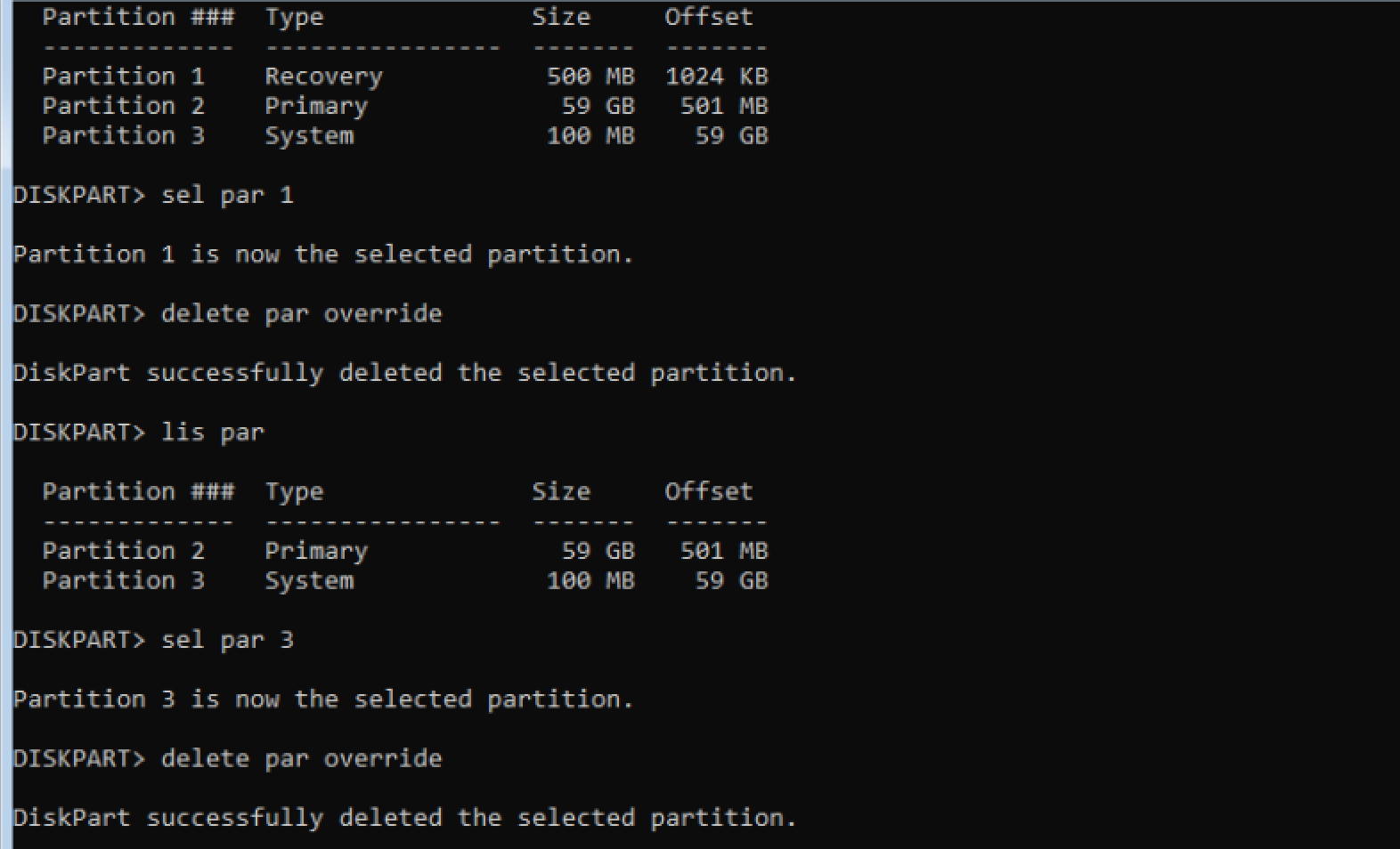 diskpart Delete Partitions