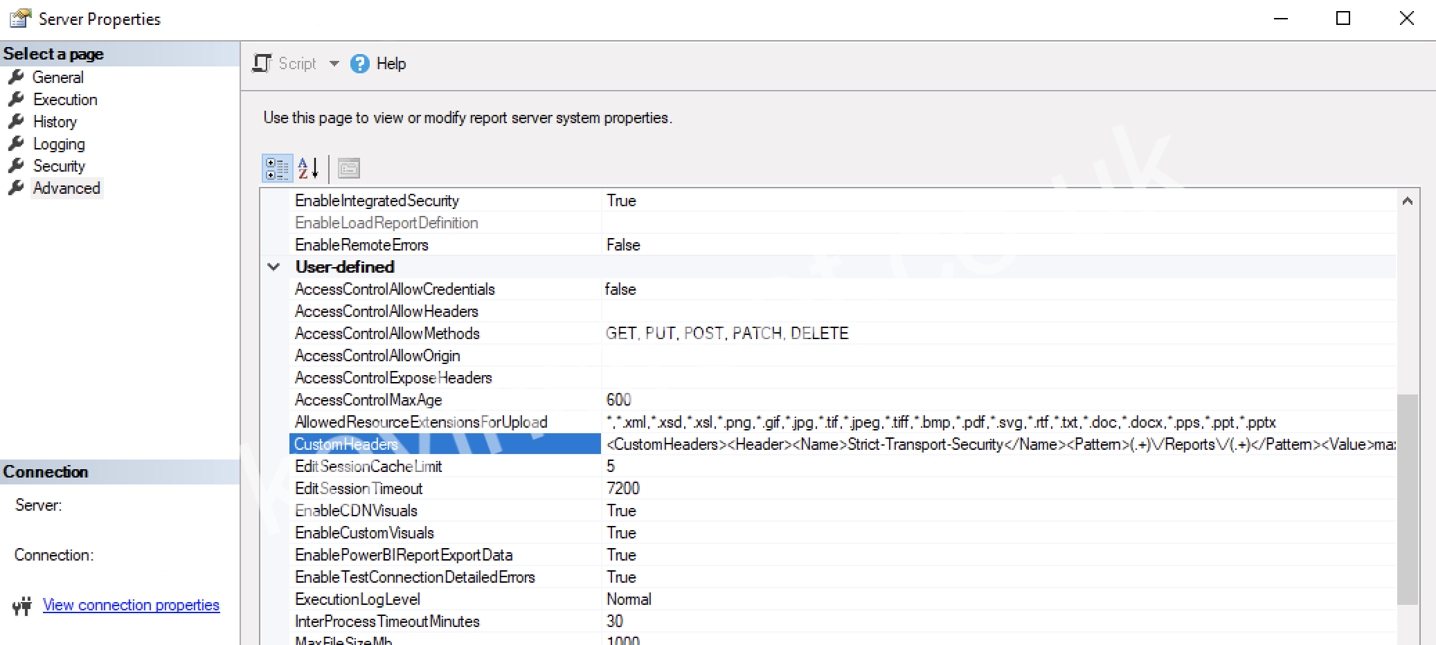 Showing where to set the Strict-Transport-Security header in SQL Server Management Studio