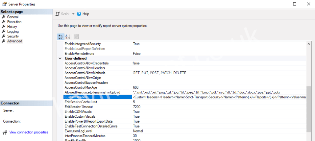 Showing where to set the Strict-Transport-Security header in SQL Server Management Studio