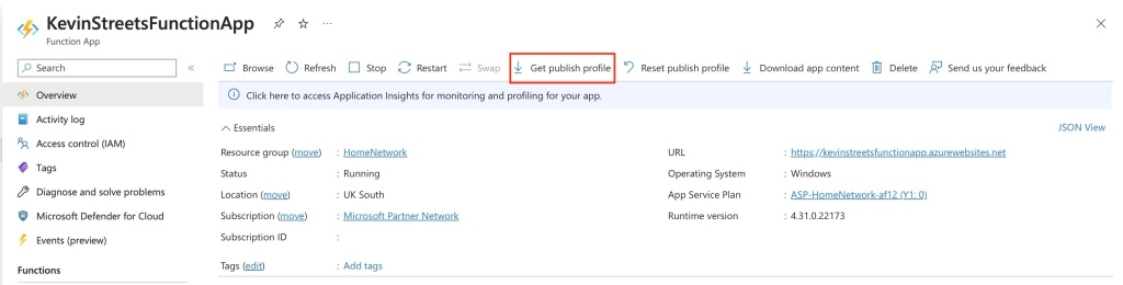 Location showing where the publish profile can be downloaded