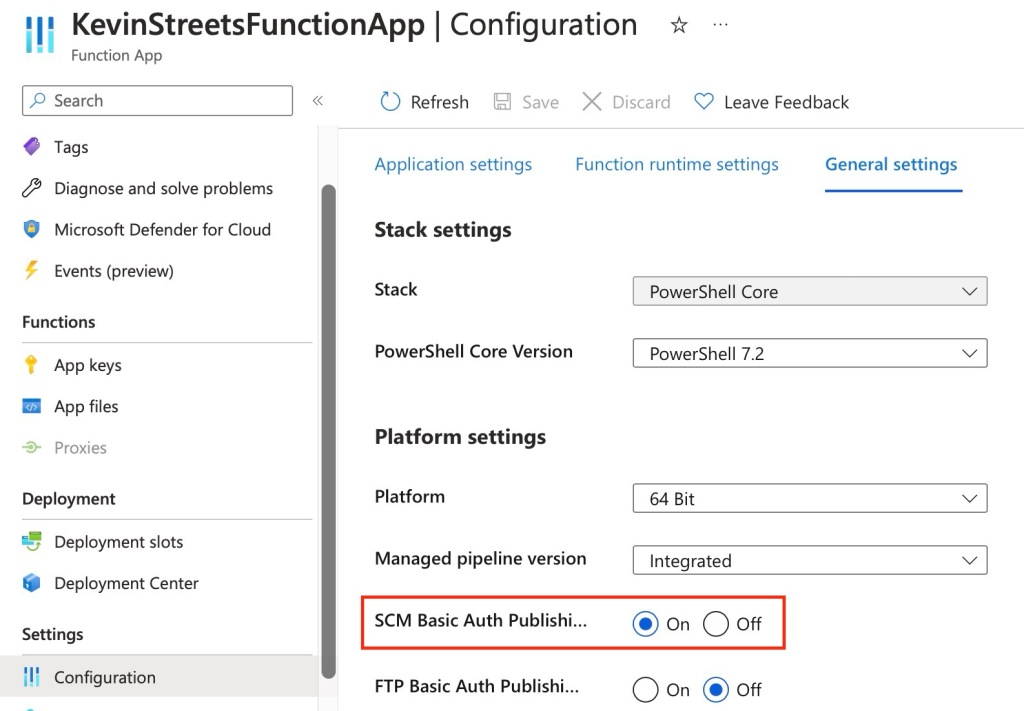 Updating the configuration of your Function App to enable SCM Basic Auth Publishing Credentials