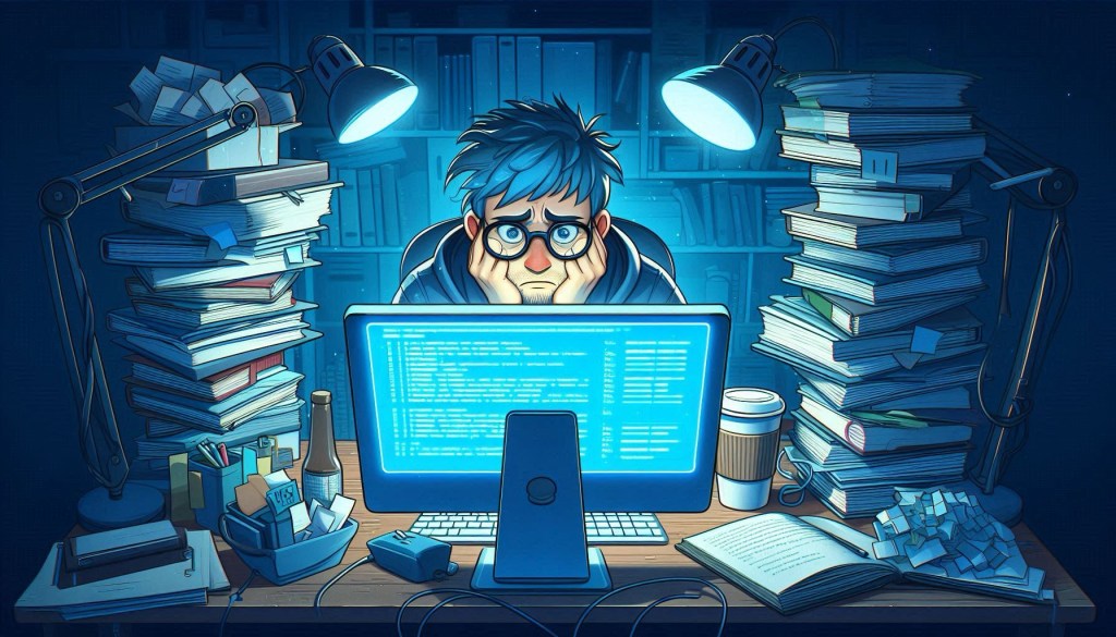 AI generated image of a frustrated user in front of a terminal